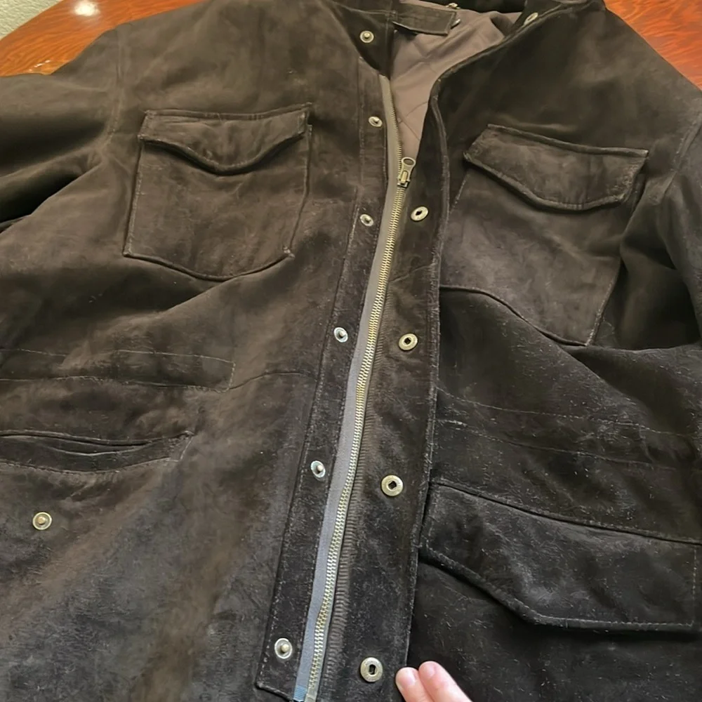 J.Crew Brown Suede Leather Jacket Men’s XL Heavy Coat Zipper Snap Front